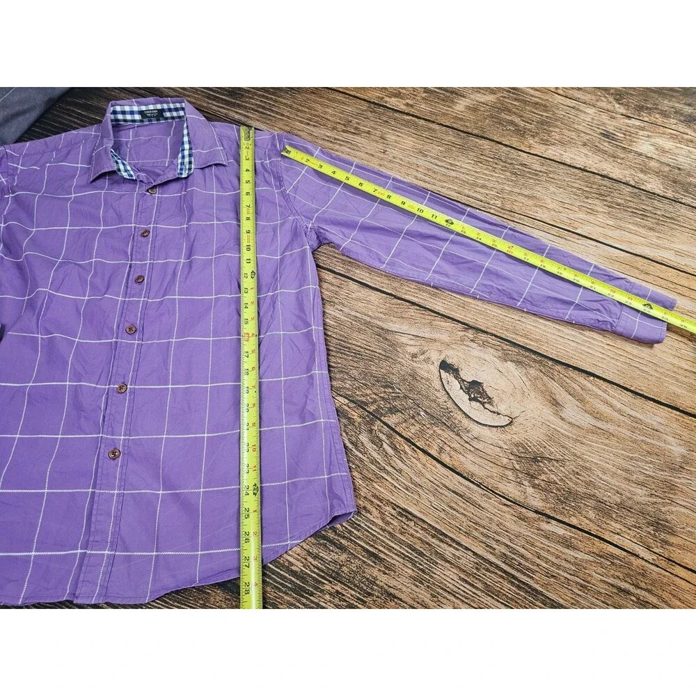 Coofandy Men's L Purple Plaid Button Up Long Sleeve Shirt Cotton Blend READ